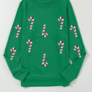 Candy Cane Round Neck Long Sleeve Sweatshirt