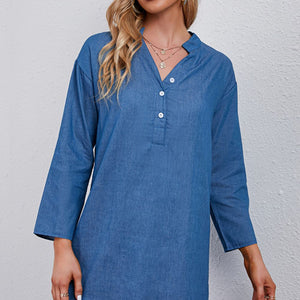 Half-Button Notched Neck High-Low Denim Dress