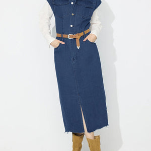 Slit Half Button Collared Neck Cap Sleeve Denim Dress