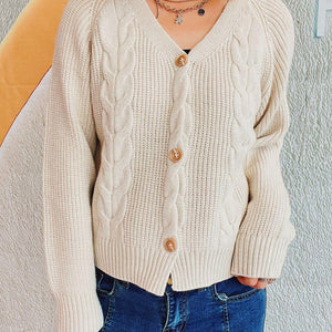 Cable-Knit V-Neck Button Down Long Sleeve Cardigan