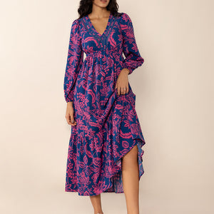 Printed V-Neck Long Sleeve Midi Dress