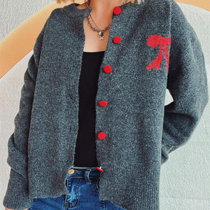 Bow Round Neck Button Up Long Sleeve Cardigan