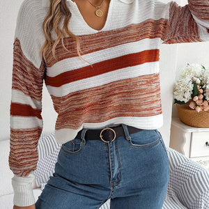 Striped Collared Neck Long Sleeve Sweater