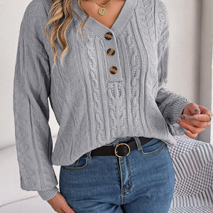 Cable-Knit V-Neck Long Sleeve Sweater