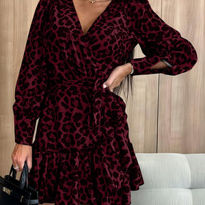 Tied Leopard Surplice Long Sleeve Dress