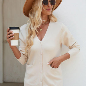 Pocketed V-Neck Button Up Long Sleeve Cardigan