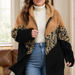 Plus Size Leopard Zip Up Hooded Outerwear