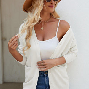 Pocketed V-Neck Button Up Long Sleeve Cardigan