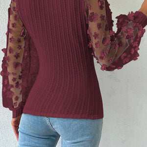 Double Take Textured Applique Long Sleeve Blouse