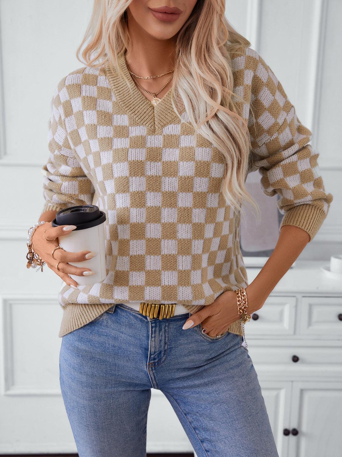 Checkered V-Neck Dropped Shoulder Sweater