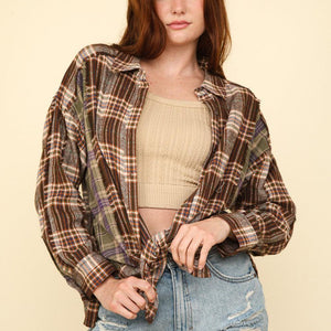 VERY J Contrast Plaid Raw Detail Shirt