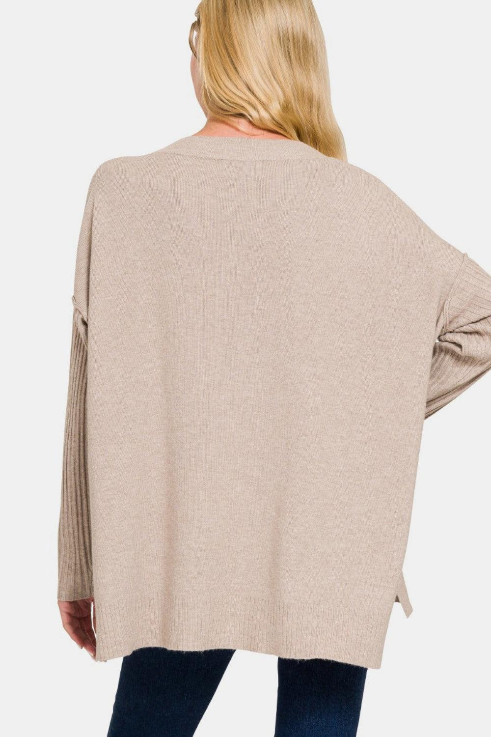 Zenana V-Neck Side Slit High-Low Sweater