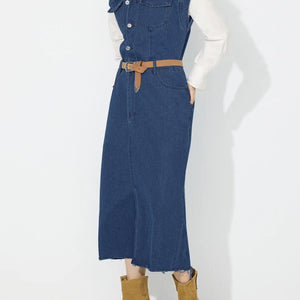 Slit Half Button Collared Neck Cap Sleeve Denim Dress