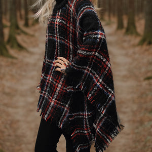 Shiny Turtleneck Plaid Raw Hem Sweater