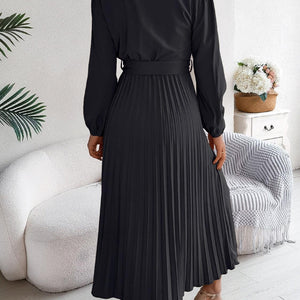 Pleated Tied V-Neck Long Sleeve Dress