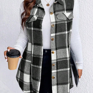 Honey Plus Size Pocketed Plaid Button Up Vest Coat