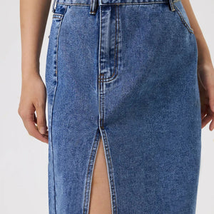 Slit Midi Denim Skirt with Pockets