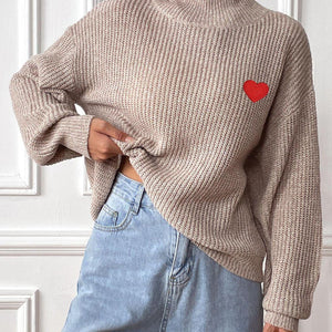 Heart Turtleneck Dropped Shoulder Long Sleeve Sweater