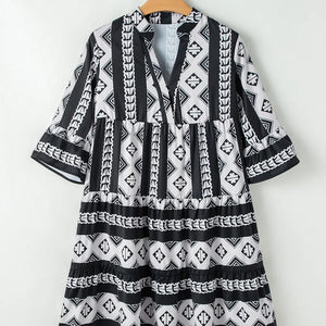 Tiered Printed Notched Half Sleeve Dress