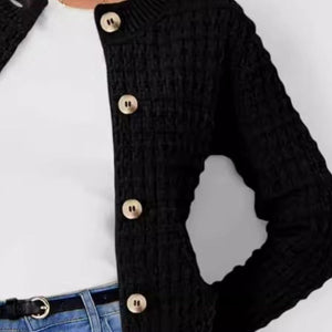 Button Up Round Neck Long Sleeve Cardigan