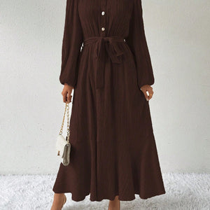 Half Button Tie Waist Long Sleeve Maxi Dress