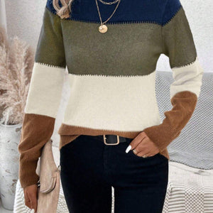 Color Block Mock Neck Long Sleeve Sweater