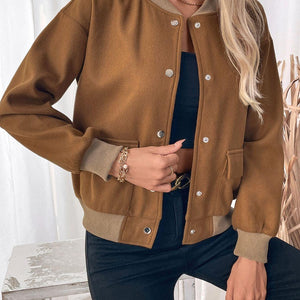 Perfee Baseball Collar Snap Down Long Sleeve Jacket