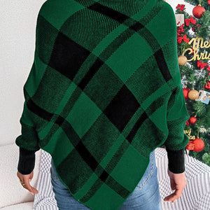 Plaid Turtleneck Batwing Sleeve Sweater