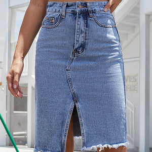 Raw Hem Slit Denim Skirt