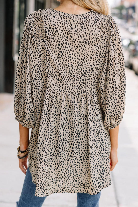 Animal Print V-Neck Three-Quarter Sleeve Blouse