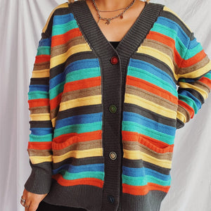 Contrast Stripes Button Up Long Sleeve Cardigan