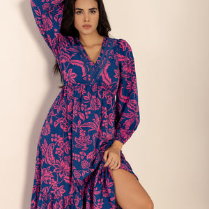 Printed V-Neck Long Sleeve Midi Dress