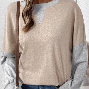 Perfee Contrast Round Neck Long Sleeve T-Shirt