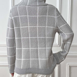 Heart Plaid Turtleneck Long Sleeve Sweater