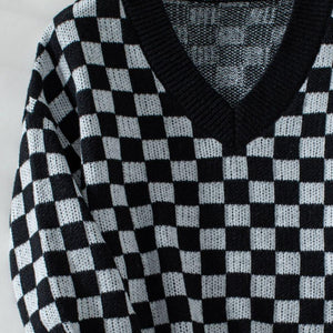 Checkered V-Neck Dropped Shoulder Sweater