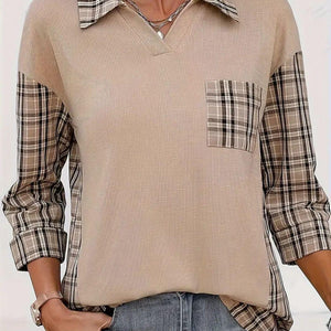 Plaid Johhny Collar Three-Quarter Sleeve T-Shirt