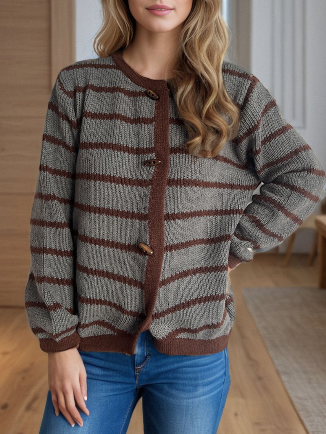 Striped Round Neck Long Sleeve Cardigan