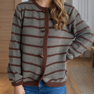 Striped Round Neck Long Sleeve Cardigan