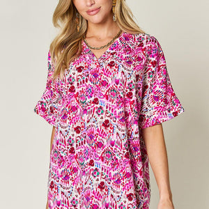 Double Take Full Size Printed V-Neck Short Sleeve Blouse