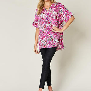 Double Take Full Size Printed V-Neck Short Sleeve Blouse