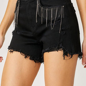 RISEN Frayed Hem Denim Shorts with Fringe Detail Pockets