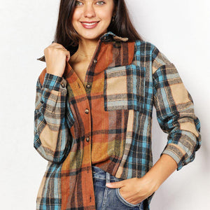 Double Take Plaid Curved Hem Shirt Jacket with Breast Pockets