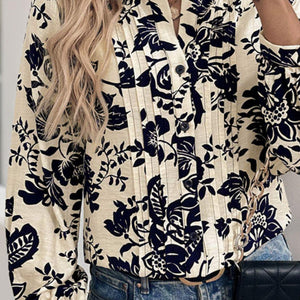 Perfee Printed Notched Long Sleeve Shirt