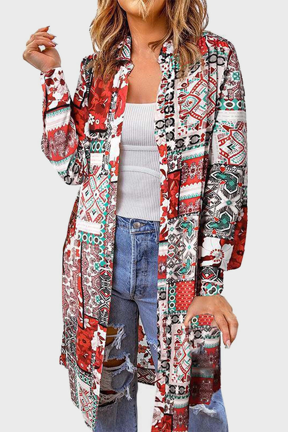 Printed Button Up Long Sleeve Cardigan