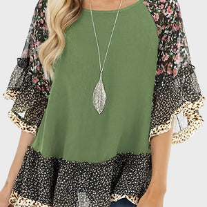 Full Size Frill Printed Round Neck Half Sleeve Blouse