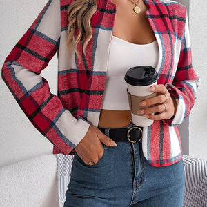 Plaid Open Front Long Sleeve Jacket