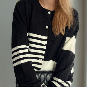 Striped Color Block Round Neck Cardigan