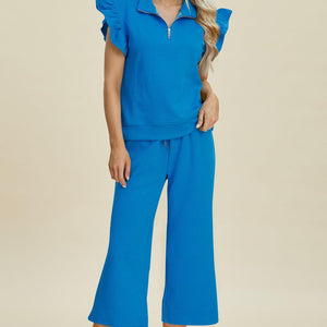 Double Take Full Size Texture Ruffle Short Sleeve Top and Wide Leg Pants Set