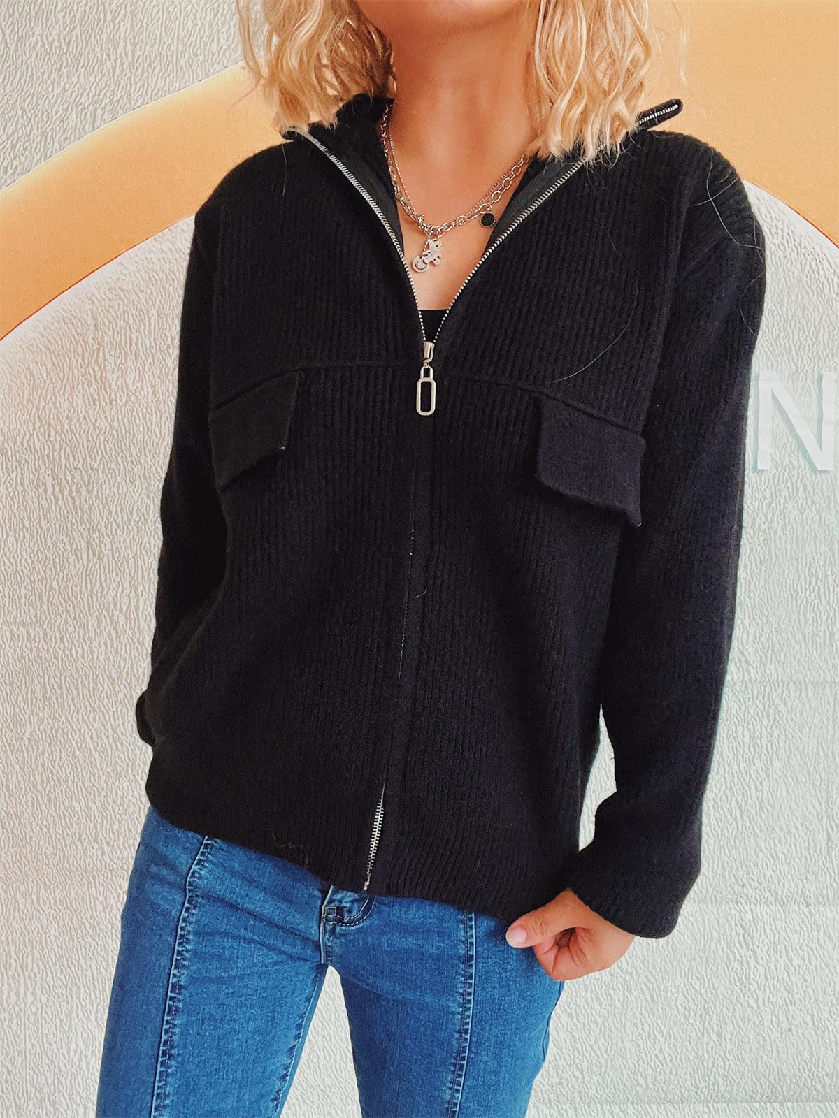 Zip Up Collared Neck Long Sleeve Cardigan