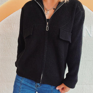 Zip Up Collared Neck Long Sleeve Cardigan